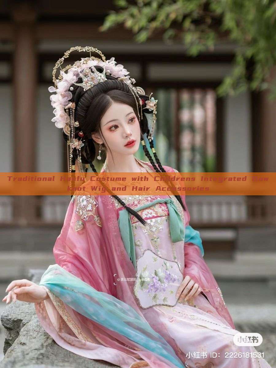 Traditional Hanfu Costume with Childrens Integrated Bowknot Wig and Hair Accessories