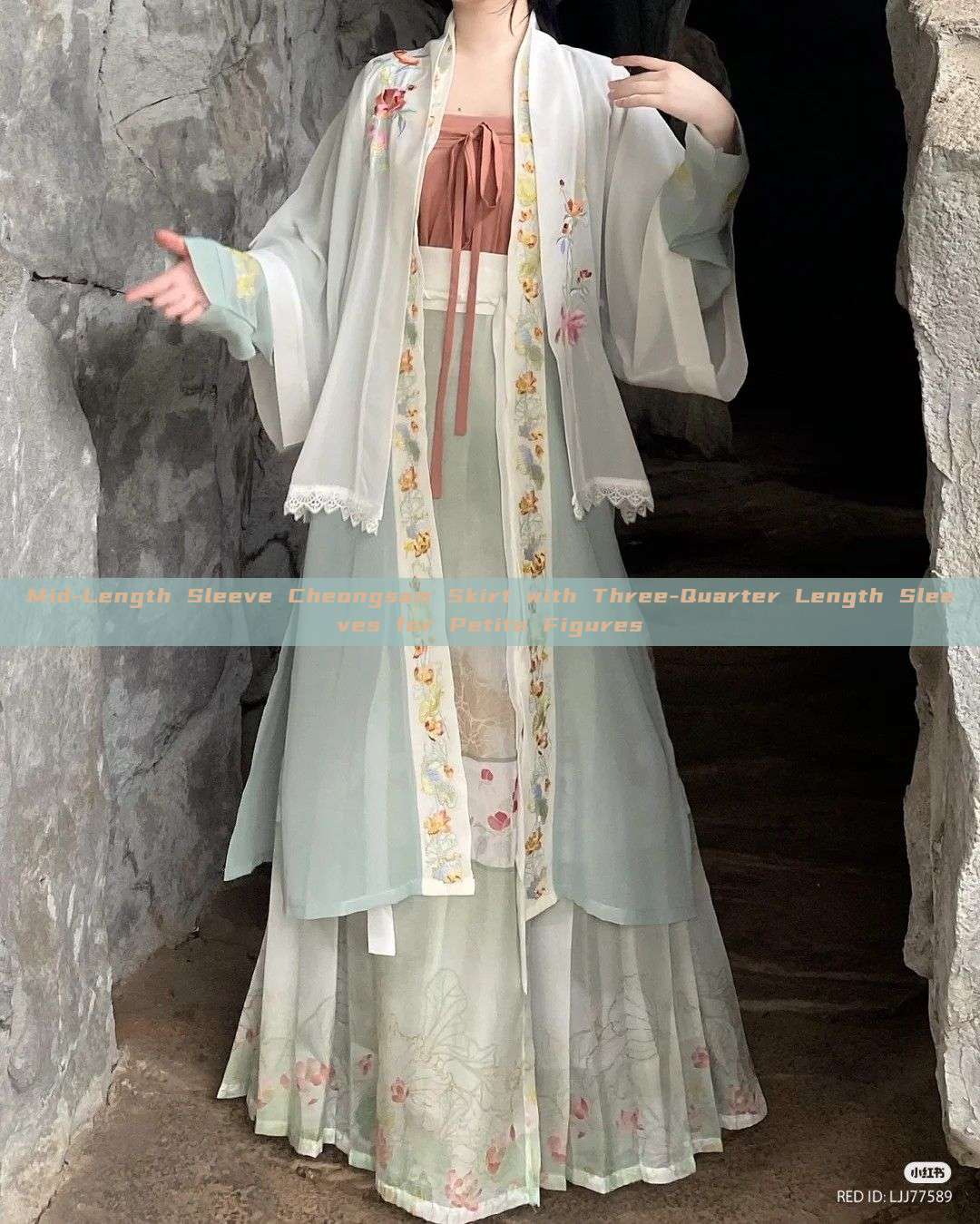 Mid-Length Sleeve Cheongsam Skirt with Three-Quarter Length Sleeves for Petite Figures
