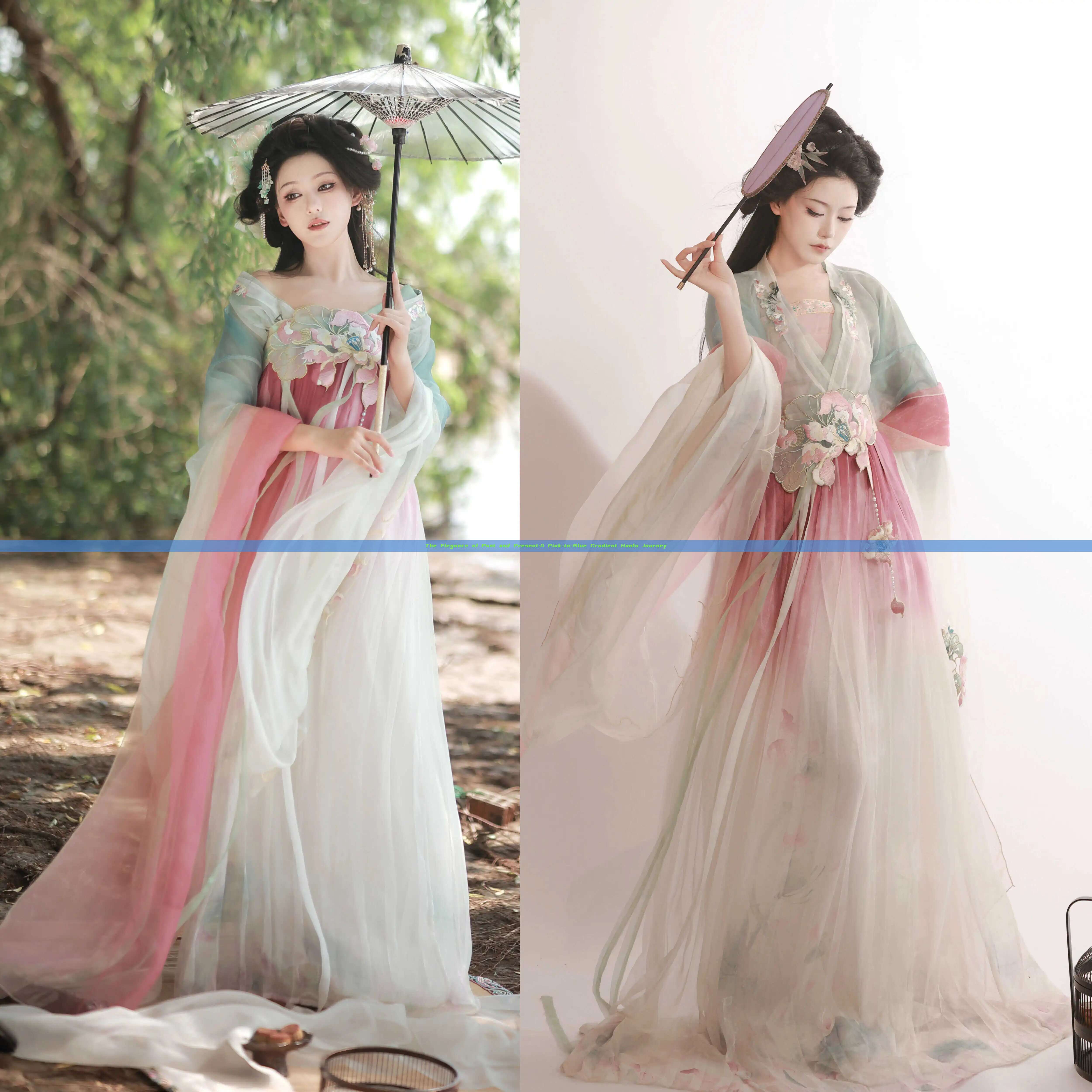 The Elegance of Past and Present:A Pink-to-Blue Gradient Hanfu Journey