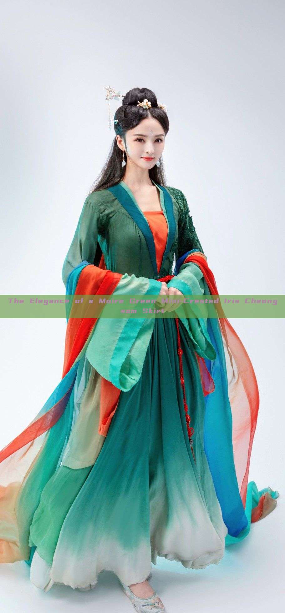 The Elegance of a Moire Green Mini-Crested Iris Cheongsam Skirt